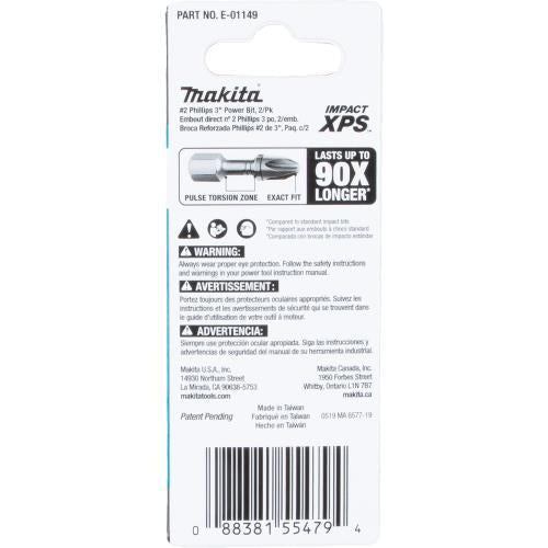 Makita E-01149 Impact XPS® #2 Phillips 3" Power Bit, 2/pk