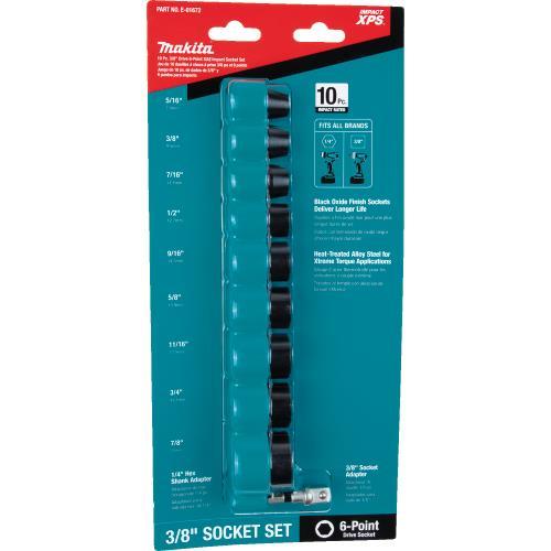 Makita E-01672 Impact XPS® 10 Pc. 3/8" Drive 6‘Point SAE Impact Socket Set w/ Standard Socket Adapter