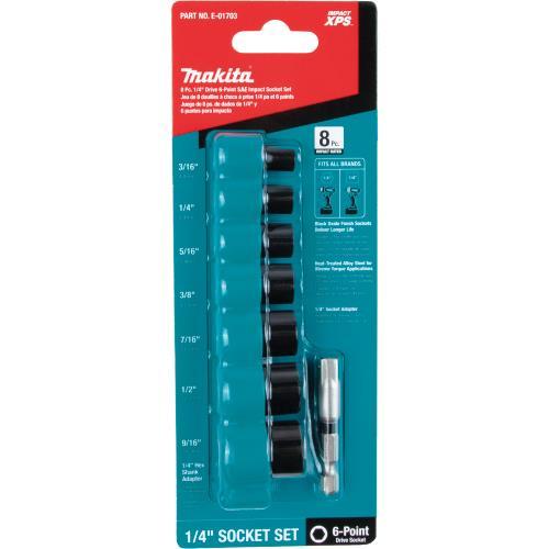 Makita E-01703 Impact XPS® 8 Pc. 1/4" Drive 6‘Point SAE Impact Socket Set w/ Standard Socket Adapter