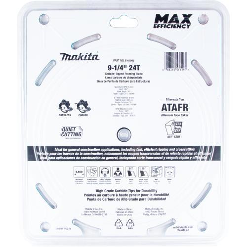 Makita E-01965 9‘1/4" 24T Carbide‘Tipped Max Efficiency Circular Saw Blade, Framing