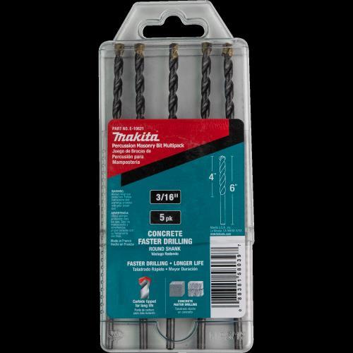 Makita E-10621 3/16" x 6" Carbide Tipped Percussion Masonry Hammer Drill Bits, 5/pk