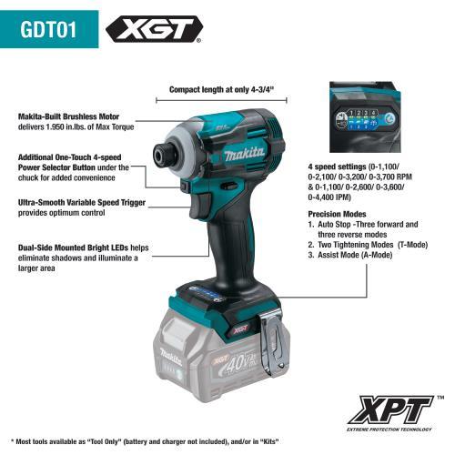 Makita GDT01Z 40V max XGT® Brushless Cordless 4‘Speed Impact Driver, Tool Only