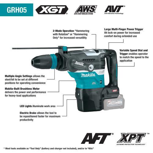 Makita GRH05M1 40V max XGT® Brushless 1‘9/16" SDS‘MAX AVT® Rotary Hammer Kit, AFT®, AWS® Capable (4.0Ah)