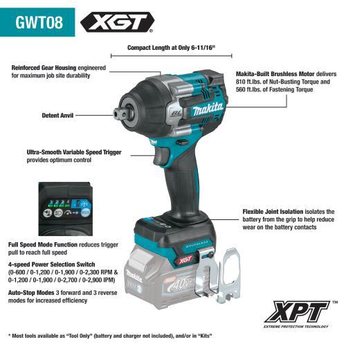 Makita GWT08Z 40V max XGT® Brushless Cordless 4‘Speed Mid‘Torque 1/2" Sq. Drive Impact Wrench w/ Detent Anvil, Tool Only