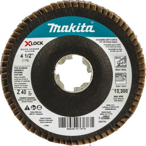 Makita T-03894-3 X‘LOCK 4‘1/2" 40 Grit Type 29 Angled Grinding and Polishing Flap Disc for X‘LOCK and All 7/8" Arbor Grinders, 3/pk