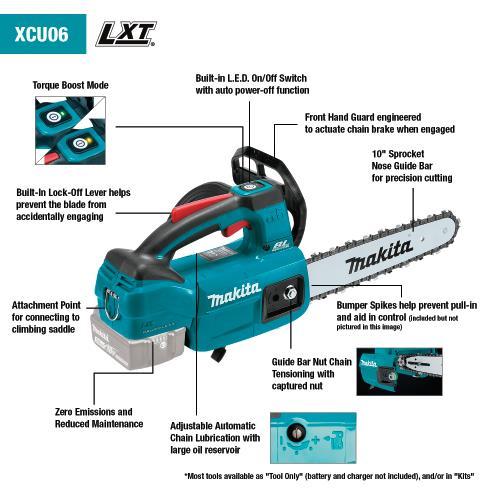 Makita XCU06Z 18V LXT® Lithium‘Ion Brushless Cordless 10" Top Handle Chain Saw, Tool Only