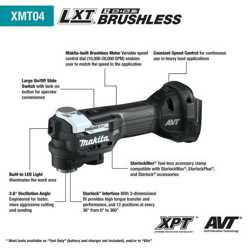 Makita XMT04ZB 18V Lxt® Lithium Ion Sub Compact Brushless Cordless Starlockmax® Oscillating Multi Tool, Tool Only
