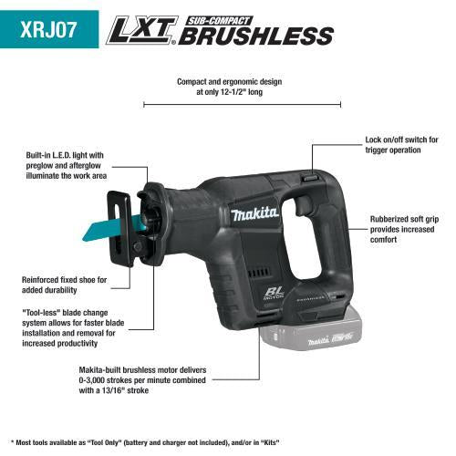 Makita XRJ07ZB 18V LXT® Lithium‘Ion Sub‘Compact Brushless Cordless Recipro Saw, Tool Only