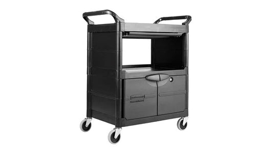 Rubbermaid FG345700BLA SERVICE UTILITY CART WITH LOCKABLE DOORS AND SLIDING DRAWER, 200 LB. CAPACITY, BLACK