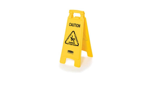 Rubbermaid FG611200YEL MULTILINGUAL "CAUTION" SIGN, 2 SIDED, 26", YELLOW