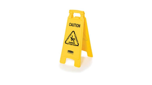 Rubbermaid FG611200YEL MULTILINGUAL "CAUTION" SIGN, 2 SIDED, 26", YELLOW