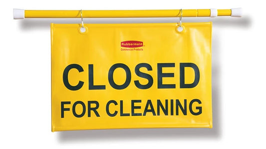 Rubbermaid FG9S1500YEL ENGLISH ONLY "CLOSED FOR CLEANING" HANGING DOORWAY SAFETY SIGN, YELLOW