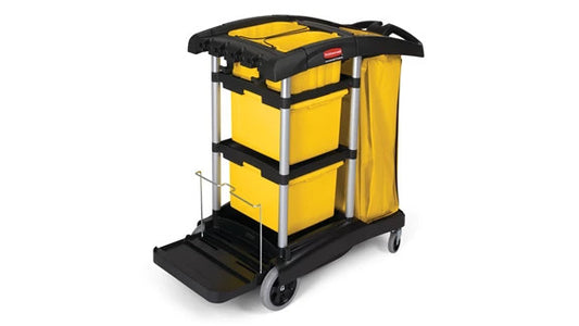 Rubbermaid FG9T7300BLA JANITORIAL CLEANING CART WITH BINS  HIGH CAPACITY