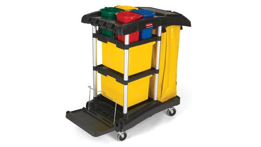 Rubbermaid FG9T7400BLA JANITORIAL CLEANING CART FULL SWIVEL WITH BINS  HIGH CAPACITY