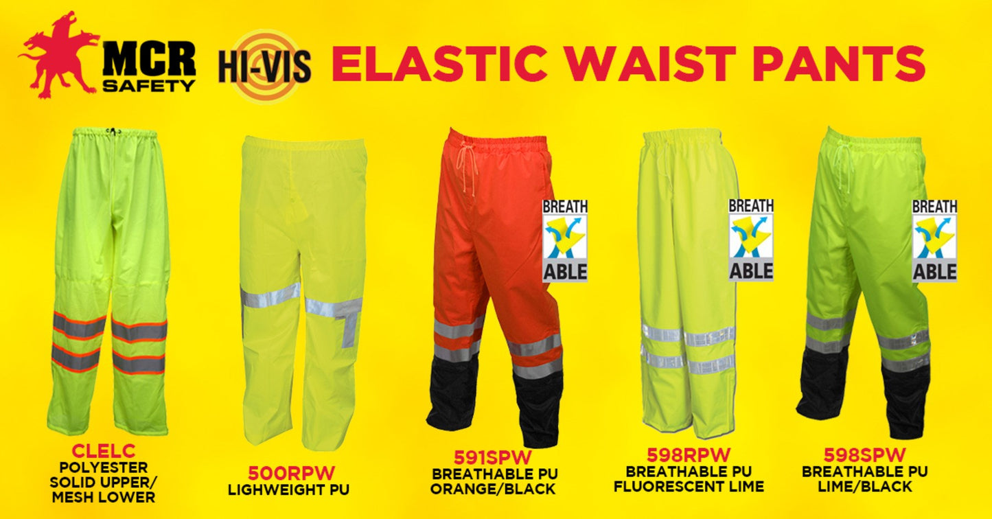MCR Safety 500RPWM Luminator® Hi Vis Rain Gear Durable Lightweight Elastic Waist Rain Pants Hi-Vis Lime Polyester / Polyurethane Material Meets ANSI/ISEA 107 2020 Standard Class E Compliant (1 EA)