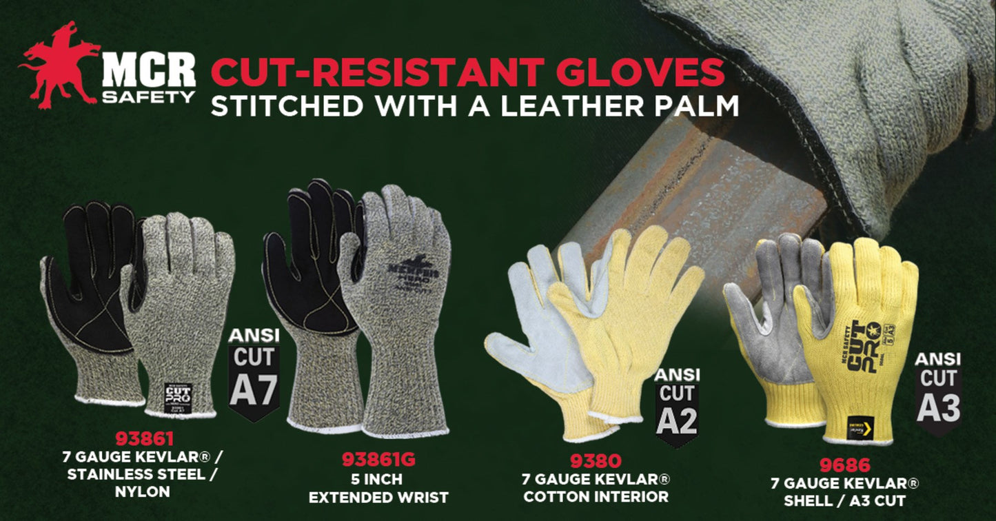 MCR Safety 9380M MCR Safety Cut Pro® 7-Gauge Kevlar® with Cotton Interior  Cut-Resistant Work Gloves Gray Split Leather Palm (1 DZ)