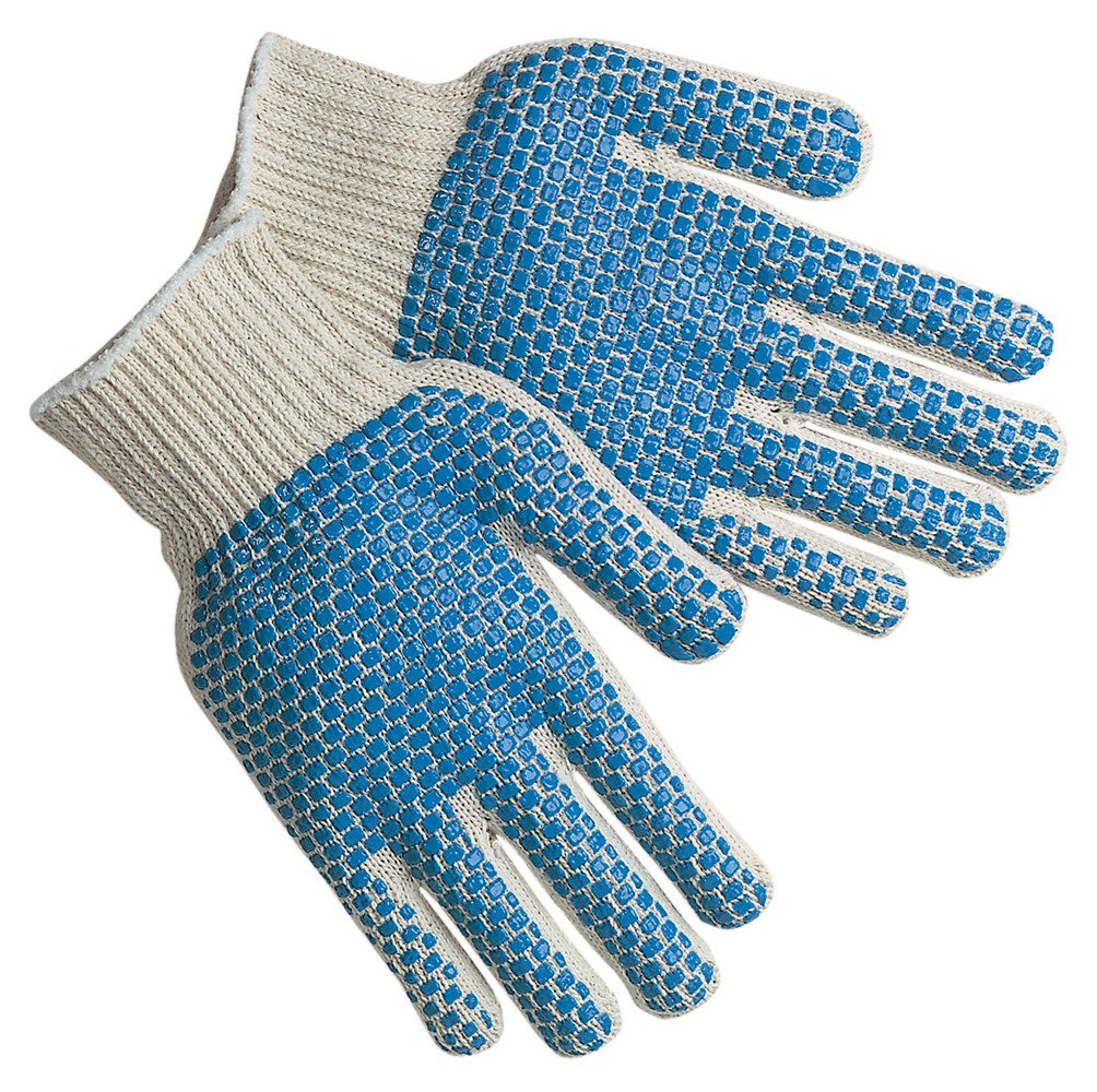 MCR Safety 9660LMB Cotton String Knit Work Gloves 7 Gauge Regular Weight String Knit Natural Cotton Polyester Blend Blue PVC Blocks Two Side (1 DZ)