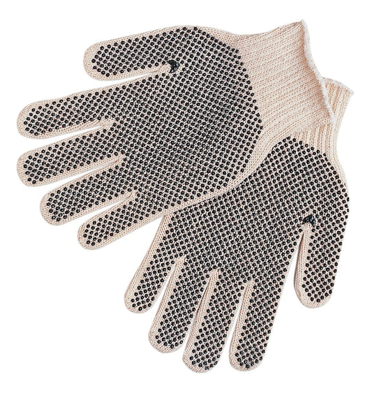 MCR Safety 9660M Cotton String Knit Work Gloves 7 Gauge Regular Weight String Knit White Cotton Polyester Blend Black PVC Fingertips and Dots Two Sides (1 DZ)