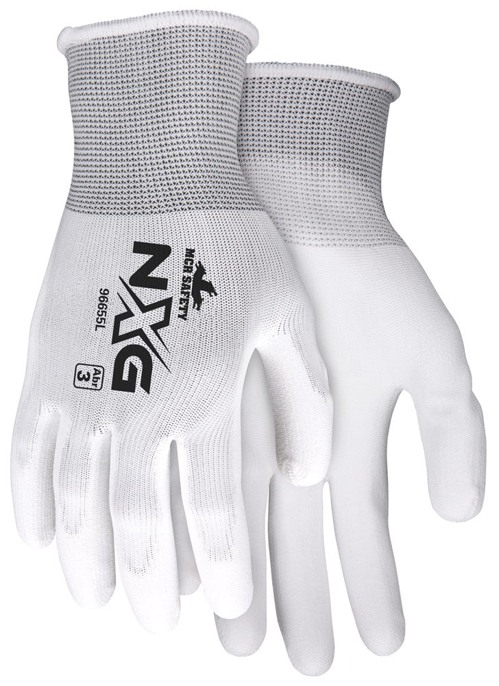 MCR Safety 96655XS MCR Safety NXG® Work Gloves 13 Gauge White Polyester Shell White Polyurethane (PU) Palm and Fingertips (1 DZ)