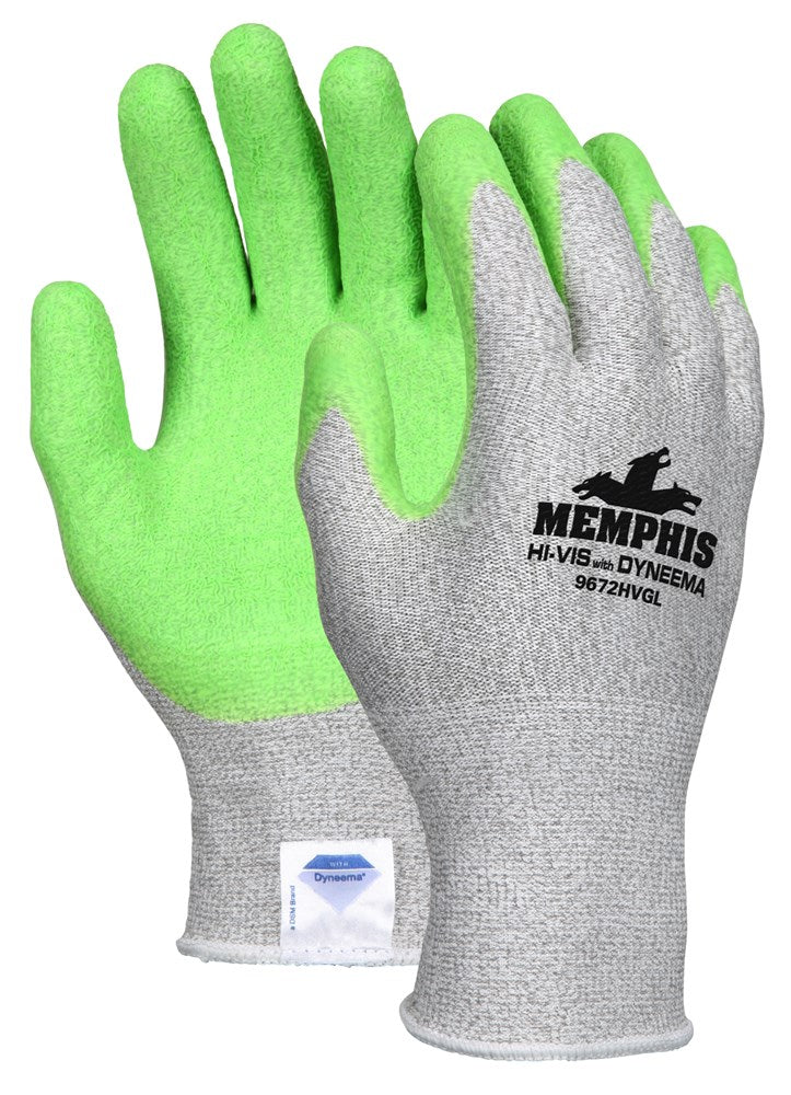 MCR Safety 9672HVGM MCR Safety Cut Pro® 13-Gauge Dyneema® Diamond Technology Shell Cut Resistant Work Gloves  Hi-Vis Green Latex Coated Palm and Fingertips (1 Pair)