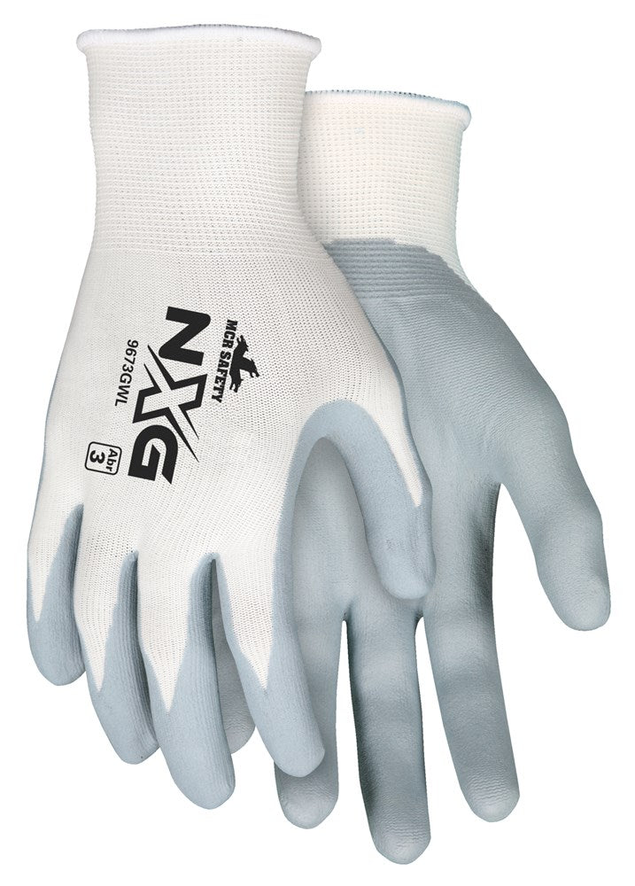 MCR Safety 9673GWXS MCR Safety NXG® Work Gloves 13 Gauge White Nylon Shell Gray Nitrile Foam Palm and Fingertips (1 DZ)