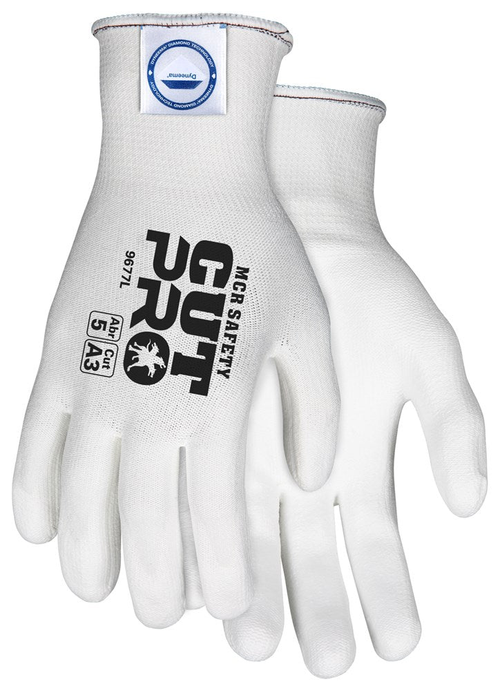 MCR Safety 9677S MCR Safety Cut Pro® 13-Gauge Dyneema® Diamond Technology Shell Cut Resistant Work Gloves  White Polyurethane (PU) Coated Palm and Fingertips (1 DZ)