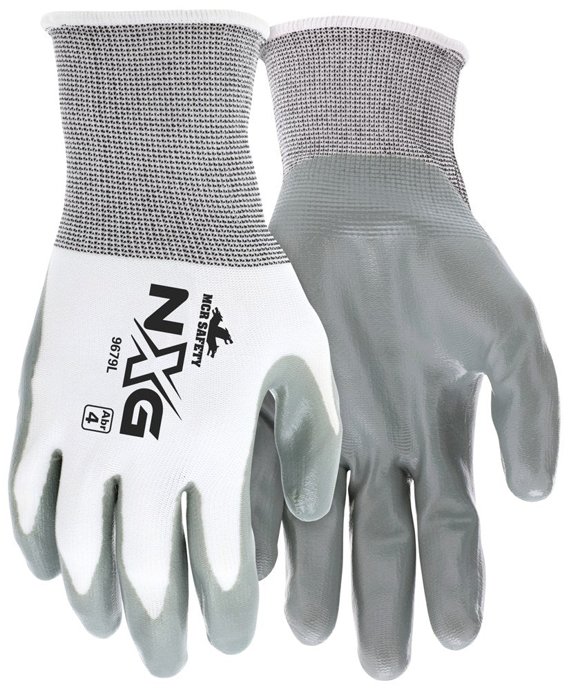 MCR Safety 9679XL MCR Safety NXG® Work Gloves 13 Gauge White Nylon Shell Gray Nitrile Coated Palm and Fingertips (1 DZ)