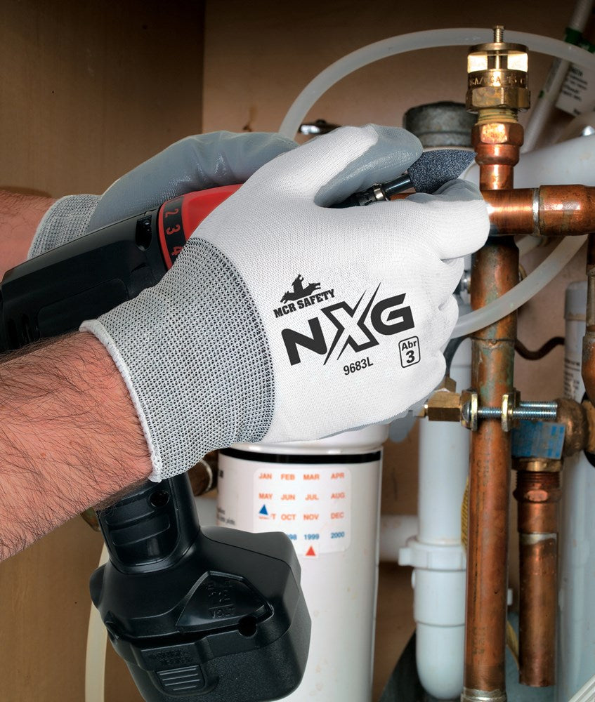 MCR Safety 9683L MCR Safety NXG­® Work Gloves 15 Gauge White Nylon Shell Gray Nitrile Coated Palm and Fingertips (1 DZ)