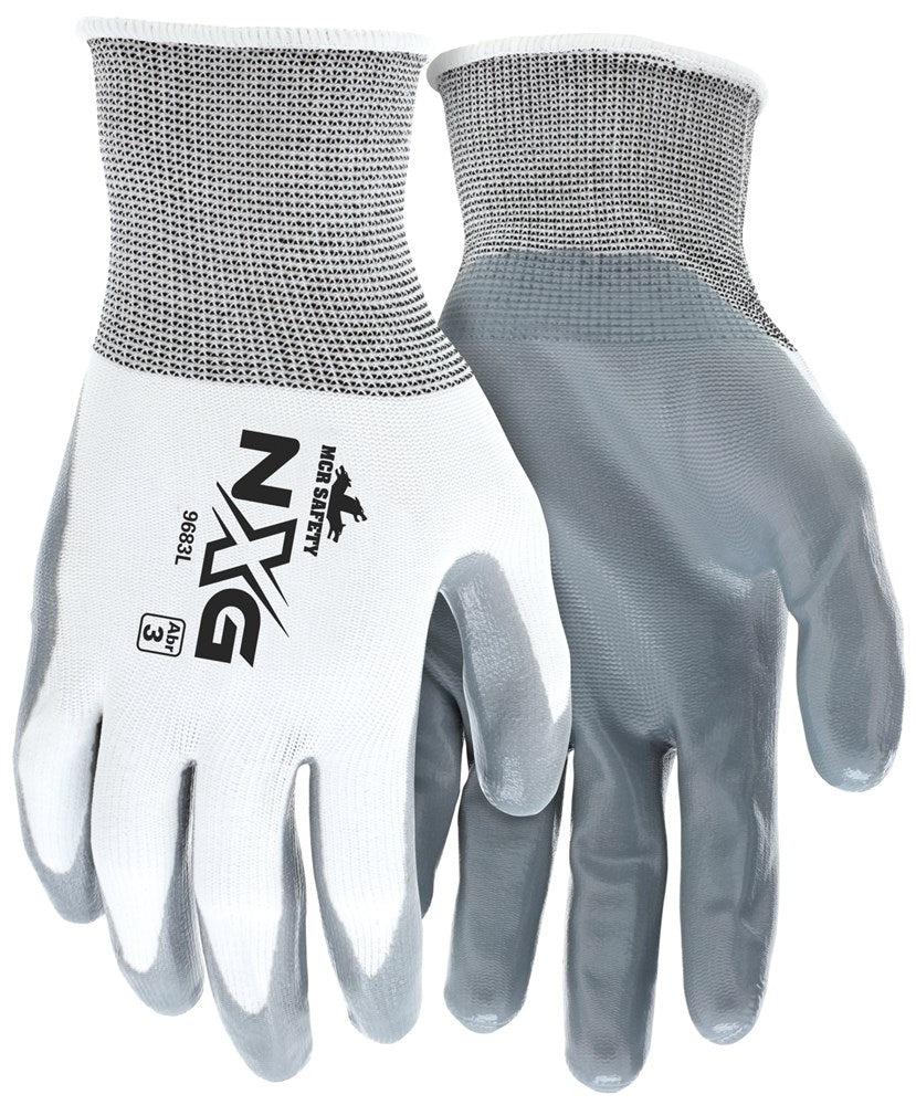 MCR Safety 9683XL MCR Safety NXG­® Work Gloves 15 Gauge White Nylon Shell Gray Nitrile Coated Palm and Fingertips (1 DZ)