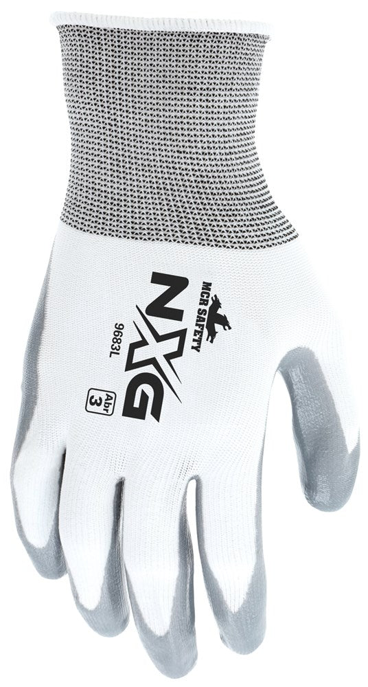 MCR Safety 9683XS MCR Safety NXG­® Work Gloves 15 Gauge White Nylon Shell Gray Nitrile Coated Palm and Fingertips (1 DZ)