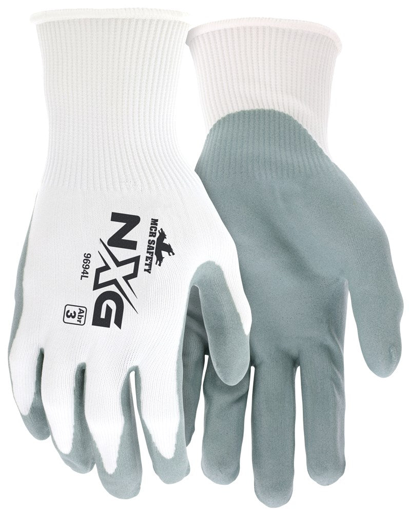 MCR Safety 9694S MCR Safety NXG® Work Gloves 15 Gauge White Nylon Shell Air Infused Gray Nitrile Foam Coated Palm and Fingertips (1 DZ)