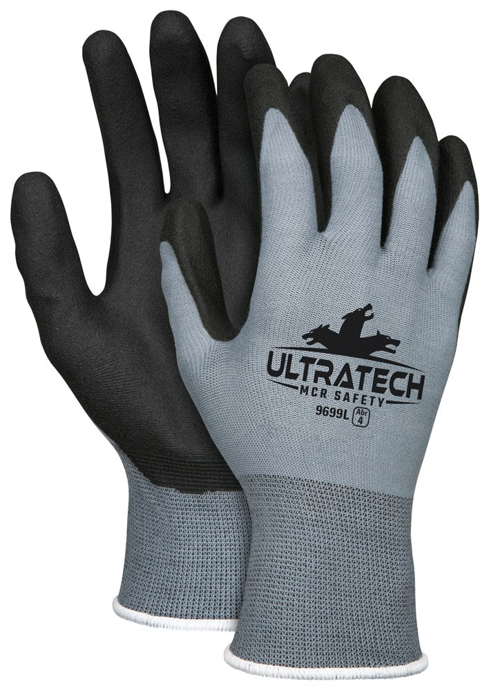 MCR Safety 9699S MCR Safety UltraTech® Work Gloves 15 Gauge Gray Nylon Shell Black HPT Palm and Fingertips (1 DZ)