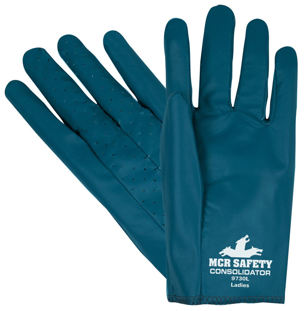 MCR Safety 9730L Consolidator® Work Gloves Cut and Sewn Glove Pattern Perforated Back, Ladies Sizing Premium Full Nitrile Coating Soft and Comfortable Interlock Liner (1 DZ)
