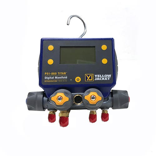 Yellow Jacket P51-860 4-Valve P51-860 TITAN Digital Manifold with Temperature Clamps, (psi/bar/kPa/MPa/kg/cm2), Digital Gauge (No Hoses)