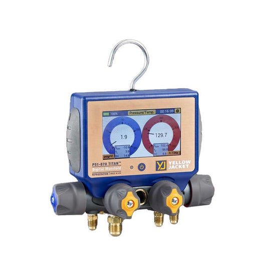 Yellow Jacket 40871 4-Valve P51-870 TITAN Digital Manifold, (psi/bar/kPa/MPa/kg/cm2), Digital Gauges (1/4" R/Y/B Hoses/3/8" Vacuum Hose)