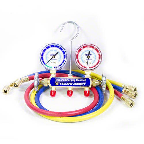 Yellow Jacket 41209 2-Valve Series 41 Test/Charging Manifold, (psi Â°F) R22/134a/404A Refrigerants, 2-1/2" Gauges (36" PLUS II Hoses)