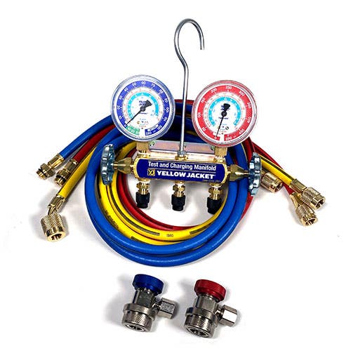 Yellow Jacket 41346 2-Valve Series 41 Test/Charging Automotive Manifold, R134a Refrigerant Gauges, Couplers and Carrying Case (60" PLUS II Hose)