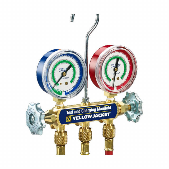 Yellow Jacket 41373 2-Valve Series 41 Test/Charging Manifold, (bar/psi Â°C) R22/134a/404A Refrigerants, 2-1/2" Gauges (36" RYB Hoses)