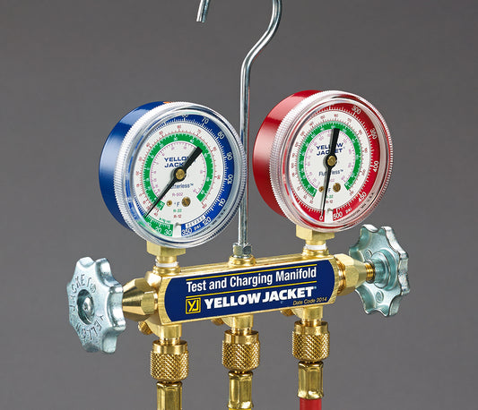 Yellow Jacket 41393 2-Valve Test/Charging Manifold, (kg/cm2/psi Â°C) R134A Refrigerant, Red/Blue Gauges (R/Y/B Hoses)