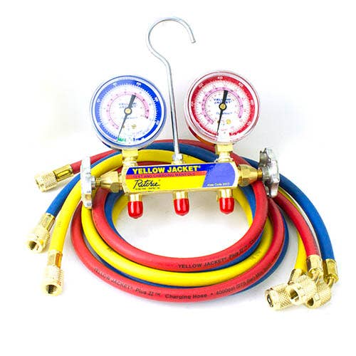 Yellow Jacket 41709 2-Valve Series 41 Test/Charging Manifold, (kg/cm2/psi Â°F/Â°C) R32/410A Refrigerants, 2-1/2" Gauges (60" PLUS II Hoses)