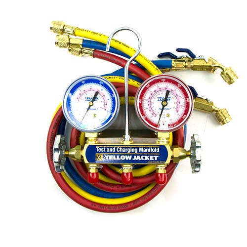 Yellow Jacket 41711 2-Valve Series 41 Test/Charging Manifold, (kg/cm2/psi Â°F/Â°C) R32/410A Refrigerants, 2-1/2" Gauges (60" PLUS II Ball Valve Hoses)