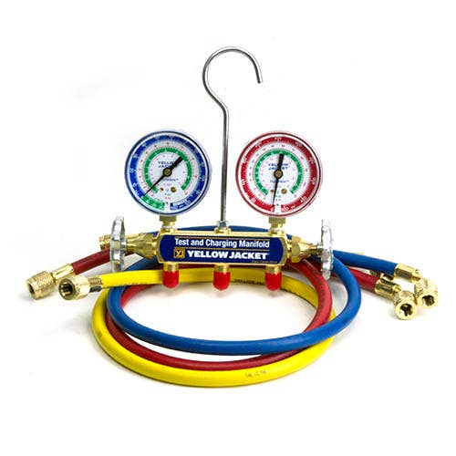 Yellow Jacket 41769 2-Valve Test/Charging Manifold, (MPa Â°C) R410A Refrigerant, Red/Blue Gauges (72" R/Y/B Hoses)