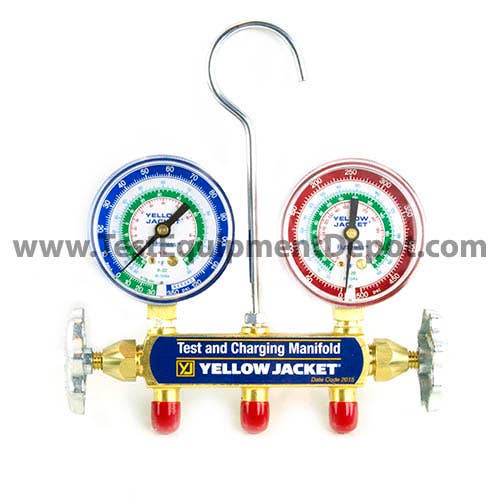 Yellow Jacket 41822 2-Valve Series 41 Test/Charging Manifold, (bar/psi Â°F/Â°C) R134a Refrigerant, Red/Blue Gauges (No Hoses)