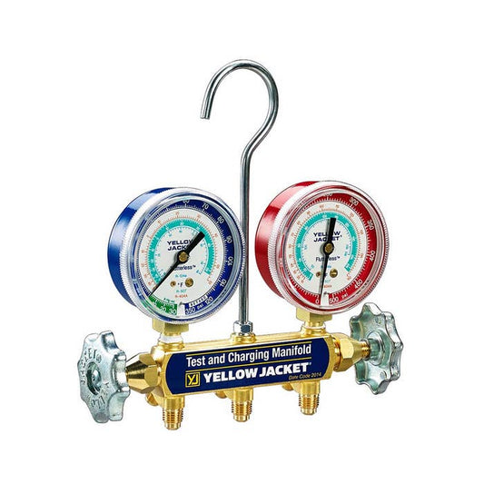 Yellow Jacket 42313 2-Valve Series 41 Test/Charging Manifold, (psi Â°F) R134a/404A/507 Refrigerants, 2-1/2" Gauges (36" PLUS II Ball Valve Hoses)