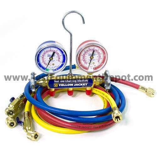 Yellow Jacket 42715 2-Valve Series 41 Test/Charging Manifold, (kg/cm2/psi Â°F/Â°C) R410A/32 Refrigerant, 2-1/2" Gauges (60" PLUS II Ball Valve Hoses)