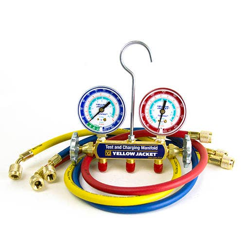 Yellow Jacket 43313 2-Valve Series 41 Test/Charging Manifold, (psi Â°F) R134a/404A/507 Refrigerants, 2-1/2" Gauges (36" PLUS II Hoses)