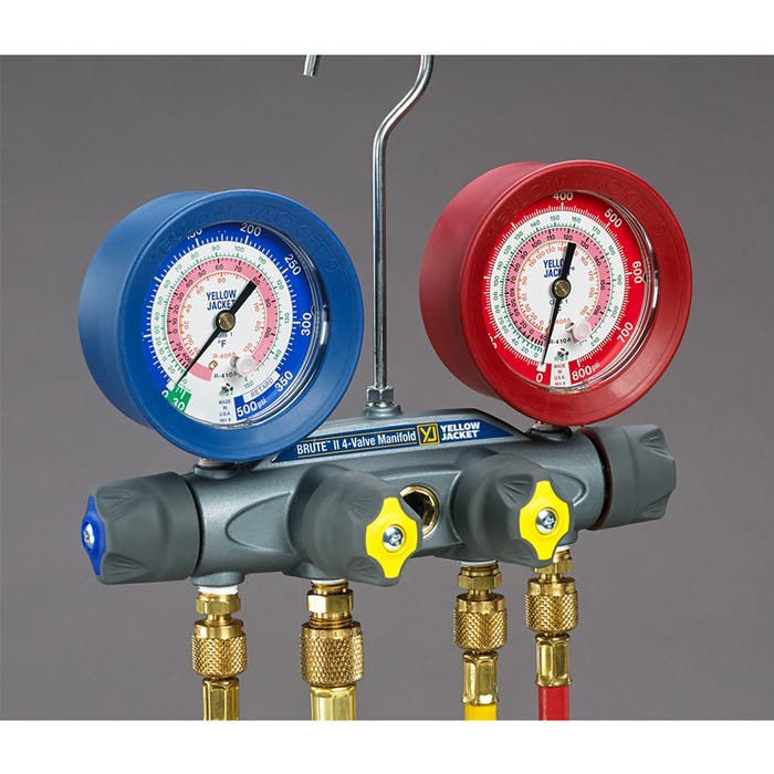 Yellow Jacket 46014 4-Valve BRUTE II A2L Manifold, (psi Â°F) R32/454B/410A Refrigerants, with 3-1/8" Gauges (No Hoses)