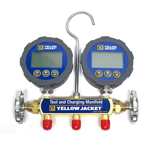 Yellow Jacket 46060 2-Valve Series 41 Digital Manifold, (psi/bar/MPa/kg/cm2/kPa Â°F/Â°C), 3-1/8" LCD Gauges (No Hoses)