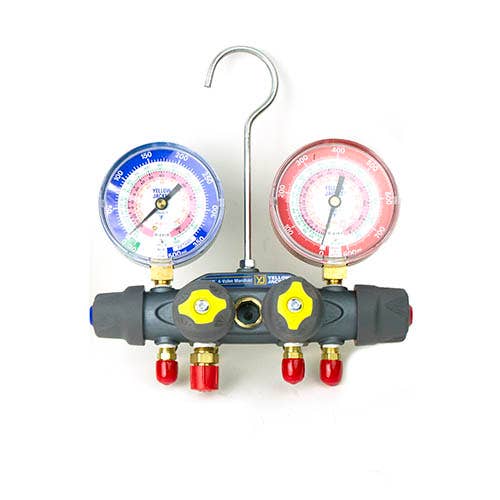 Yellow Jacket 49963 4-Valve TITAN Test/Charging Manifold, (psi Â°F) R22/404A/410A Refrigerants, Red/Blue Gauges (No Hoses)