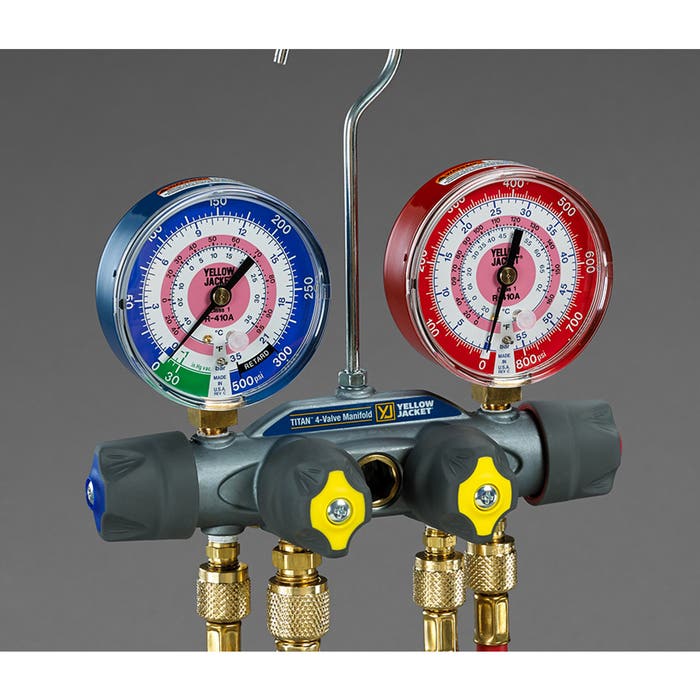 Yellow Jacket 49974 4-Valve TITAN Test/Charging Manifold, (psi Â°F) R32/454B/410A Refrigerants, 3-1/8" Gauges (No Hoses)